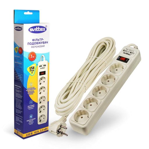 Мережевий фільтр-подовжувач Svittex 2*USB 5V 2.1A 5 розеток 2200Вт 250В 10А 3 м Білий (SV-024) (2083648)