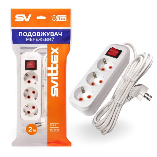 Подовжувач Svittex 3 розетки 3х1 мм 2500Вт 16А 250В 2 м Білий (SV-011-2) (2084700)
