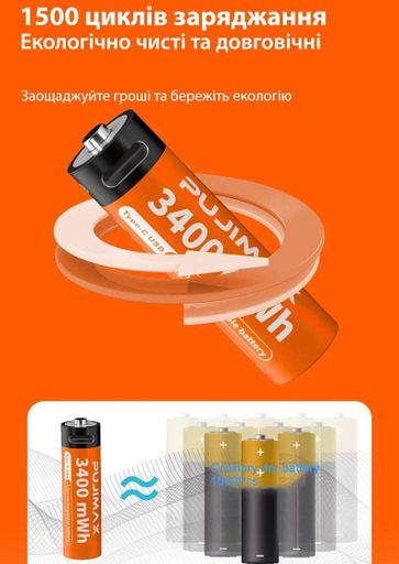 Акумулятори типу «AA» з роз'ємом USB Type-C, 3400 мВт·год, 1,5 В, акумуляторні батарейки з роз'ємом для заряджання: для іграшок, пультів, фотоапаратів, мишок, ліхтариків, Pujimax, комплект із 8 шт (2085019)