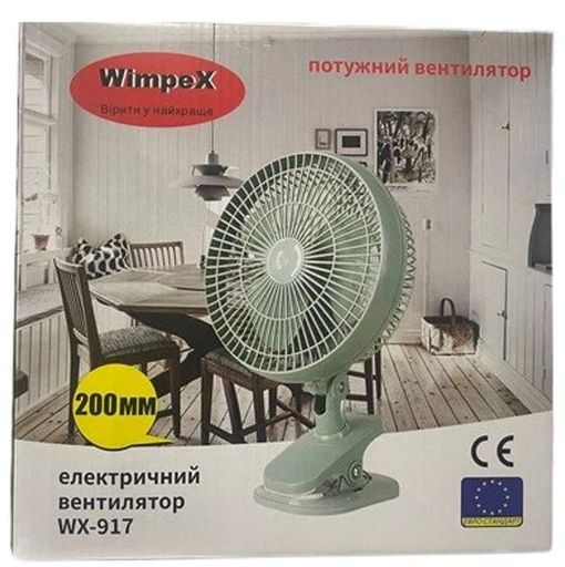 Настільний вентилятор на прищіпці 200мм Wimpeх WX-917 Поворотна вітродуйка 50Вт 3 Лопасті Зелений (2085944)