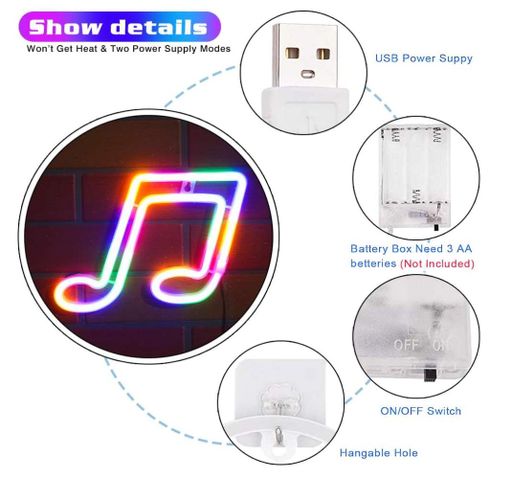 Декоративный настенный неоновый светильник "Нота" желтый на батарейках/USB 16.3*24 см (2090201)