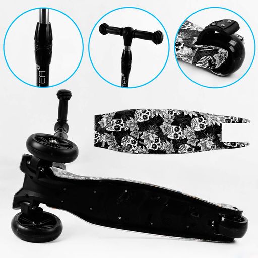 Самокат триколісний Best Scooter MAXI складаний колеса PU зі світлом Skulls and flowers 60 кг Різнокольоровий (105402) (2096424)
