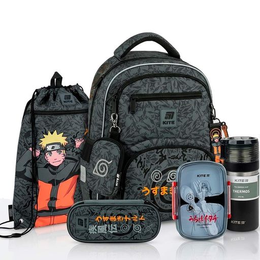 Шкільний набір Kite Education teens Naruto Shippuden 5 в 1: рюкзак 13,5 л, сумка для взуття, пенал, термос 473 мл, ланчбокс (2105203)