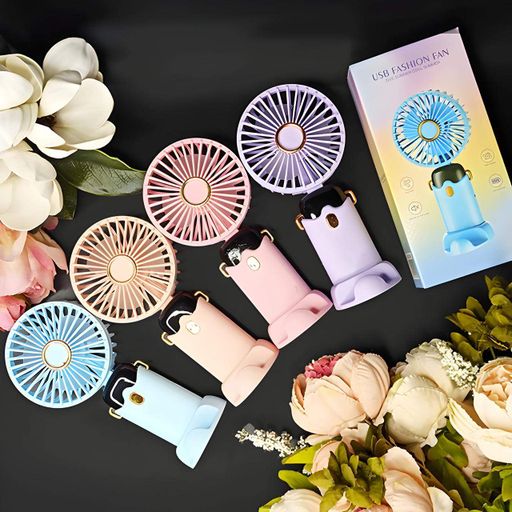 Детский портативный USB-вентилятор Mini Fan с подставкой для телефона пудровый (677-58A) (2105336)