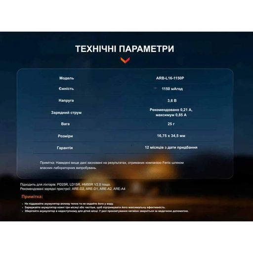Акумулятор 16340 Fenix (1150 mAh) (2106088)