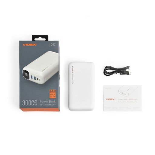 Повербанк VIDEX 30000mAh 22.5W Білий акумулятор для зарядки смартфонів і планшетів (2116252)
