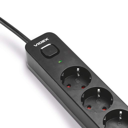 Мережевий подовжувач VIDEX ONCORD 3 розетки 3м з кнопкою чорний для дому та офісу (2116598)
