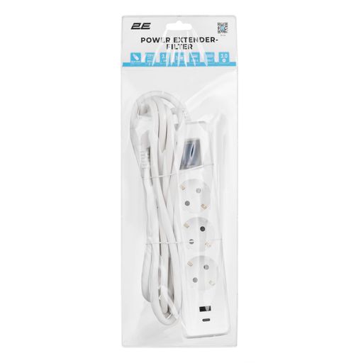 Подовжувач мережевий 3м, 3xТипF, 16A, 1xUSB-A,1xUSB-C, фільтр, білий 2E osv0002171 (2122875)