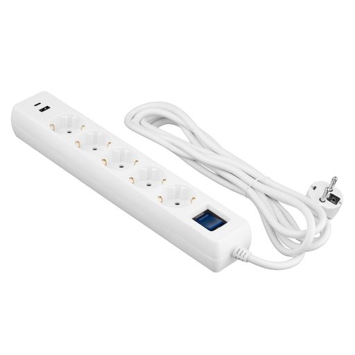 Удлинитель сетевой 3м, 5xТипF, 16A, 1xUSB-A, 1xUSB-C, фильтр, белый 2E osv0002172 (2122876)