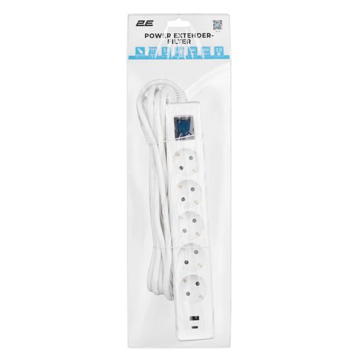 Удлинитель сетевой 3м, 5xТипF, 16A, 1xUSB-A, 1xUSB-C, фильтр, белый 2E osv0002172 (2122876)
