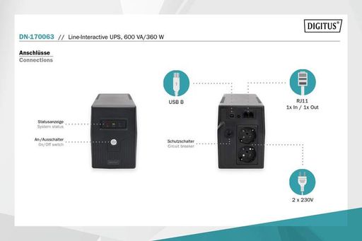 ИБП 600VA/360W, LED, RJ11, USB, 2xSchuko Digitus teh0013470 (2123015)