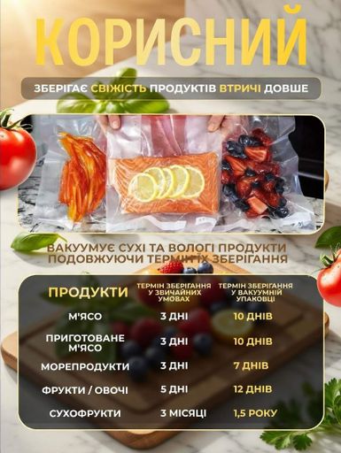 Потужний вакуумний пакувальник із 10 пакетами та 1 рулоном розміром 500×25 см | Побутовий вакууматор 120 Вт (2123378)