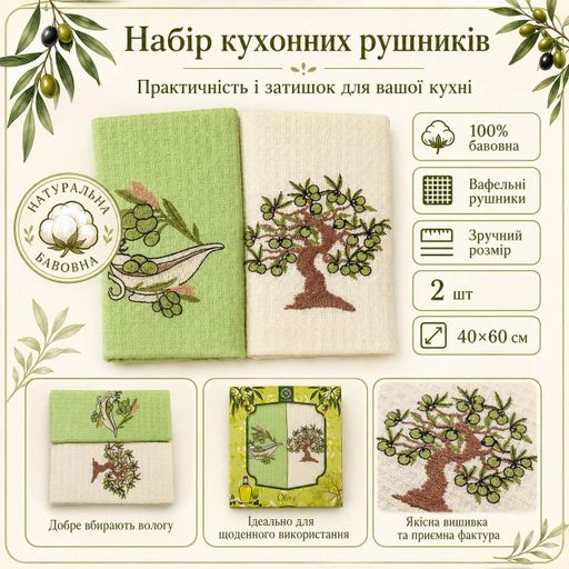 Набір вафельних рушників 2 шт 40x60 см Олива білий/салат LoveYouHome (2125369)