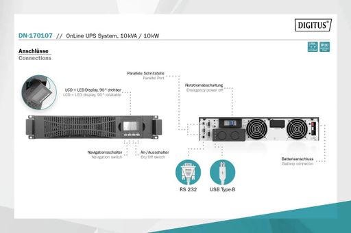 Силовой блок ИБП DIGITUS 10kVA/10kW, RTU2, LCD, RS232, USB, жесткое подключение In/Out (642720) (2146422)