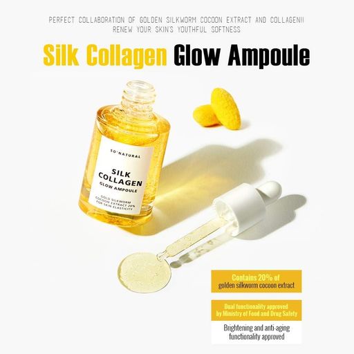 Ампульна сироватка So Natural Silk Collagen Glow Ampoule з колагеном та золотим шовкопрядом, 30 мл