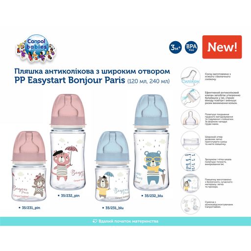 Антиколиковая бутылочка для кормления Canpol Babies PP Easystart Bonjour Paris с широким отверстием, розовая, с рождения, 120 мл (35/231_pin)