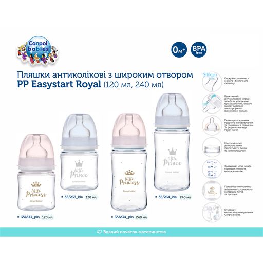 Антиколиковая бутылочка для кормления Canpol Babies PP Easystart Royal Baby с широким отверстием, розовая, с рождения, 120 мл (35/233_pin)