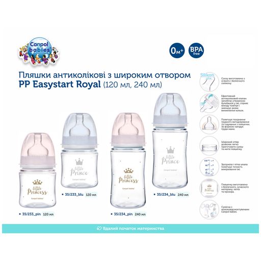 Антиколиковая бутылочка для кормления Canpol Babies PP Easystart Royal Baby, с широким отверстием, синяя, 3+ месяцев, 240 мл (35/234_blu)