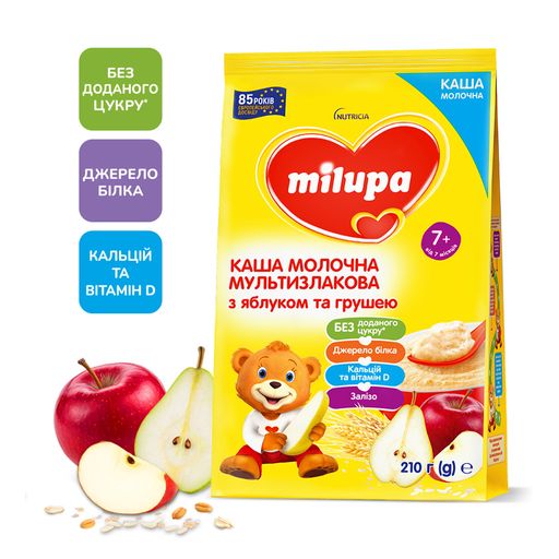 Детская молочная мультизлаковая каша Milupa быстрорастворимая, с яблоком и грушей, от7 месяцев, 210 г
