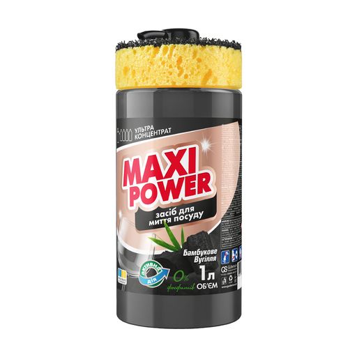 Средство для мытья посуды Maxi Power Черный уголь, с мочалкой, 1 л