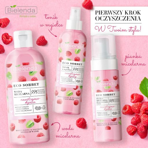 Увлажняющий и успокаивающий тоник-спрей для лица Bielenda Eco Sorbet Moisturizing & Soothing Face Toner с экстрактом малины, 200 мл