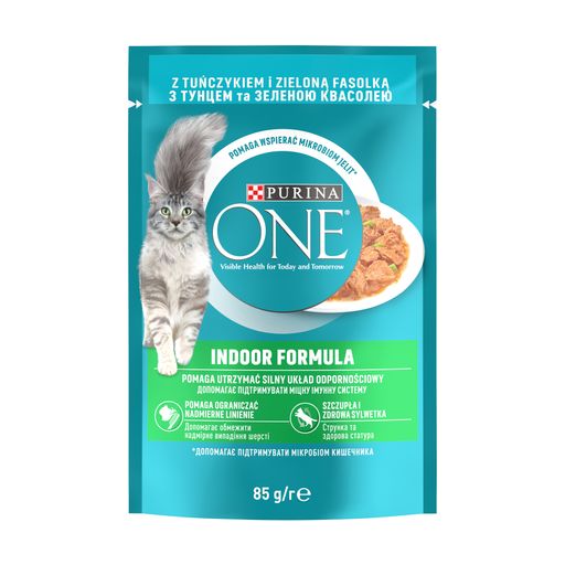 Вологий корм для дорослих кішок Purina One Indoor шматочки в соусі з тунцем та зеленою квасолею, 85 г