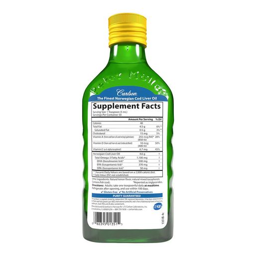 Масло печени трески Carlson Labs Cod Liver Oil со вкусом лимона, в жидкости