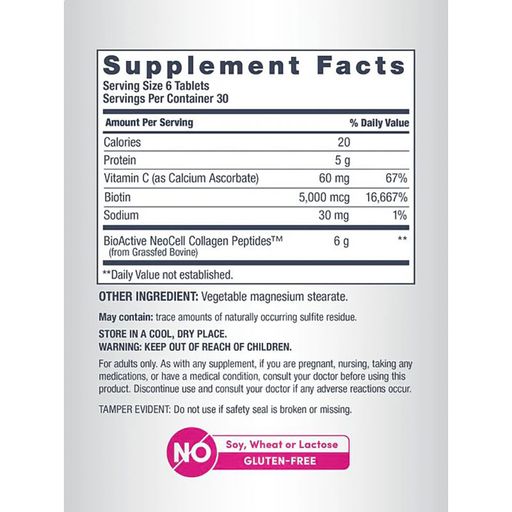 Супер колаген з вітаміном C і біотином NeoCell Grassfed Collagen Peptides + Vitamin C & Biotin, в таблетках
