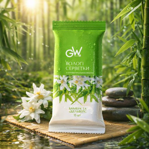 Влажные салфетки Green Way ФітоЛінія с экстрактом бамбука и эдельвейса, 15 шт