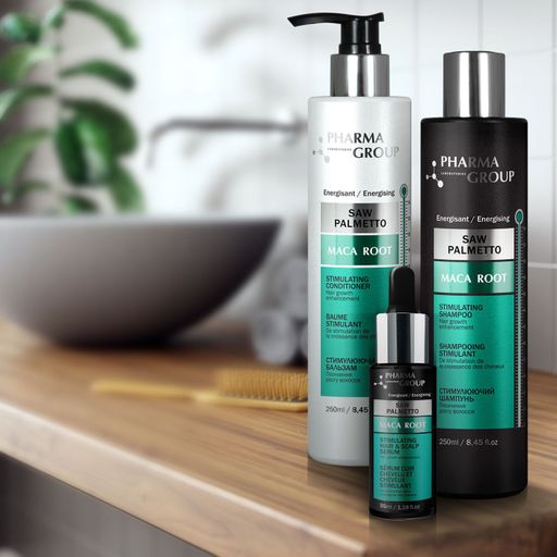 Стимулирующий шампунь Pharma Group Saw Palmetto + Maca Root Stimulating Shampoo для усиления роста волос, 250 мл