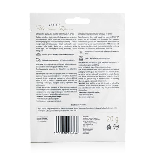 Ліфтинг-підтягувальна тканинна маска для обличчя Apis Natural Cosmetics Your Home Spa Lifting And Tensing Sheet Mask з пептидом SNAP-8 MT, 20 г