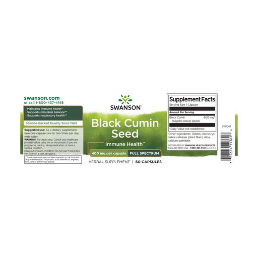 Насіння чорного кмину Swanson Black Cumin Seed 400 мг, 60 капсул