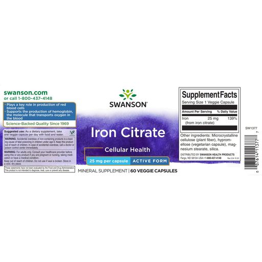 Цитрат железа Swanson Iron Citrate, 25 мг, 60 капсул