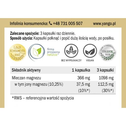 Лактат магния Yango Magnesium Lactate 456 мг, 90 капсул