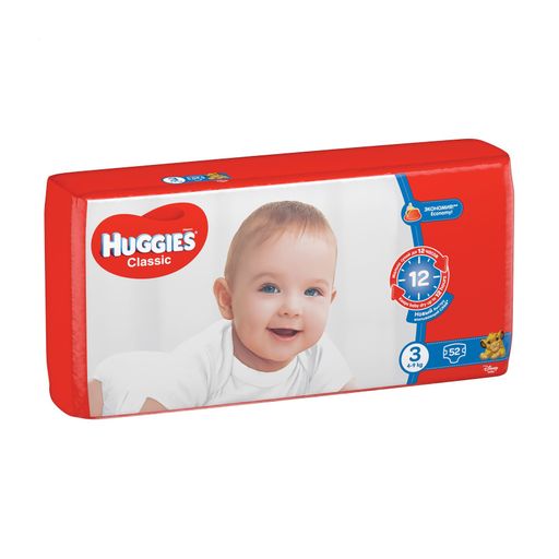 Підгузки Huggies Classic розмір 3 (4-9 кг), на липучках, 52 шт