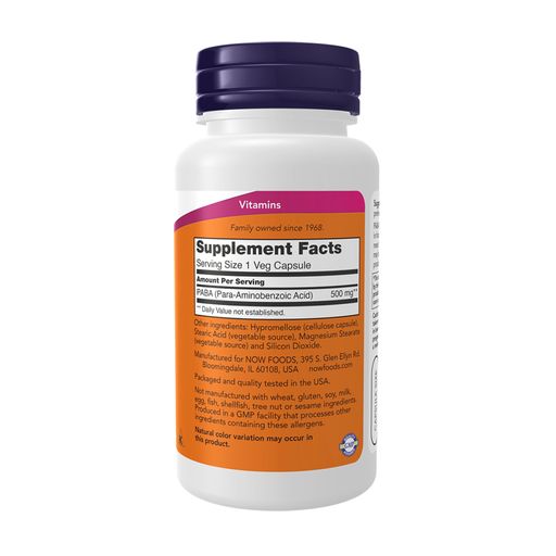 Пара-аминобензойная кислота NOW foods PABA 500 мг, 100 капсул