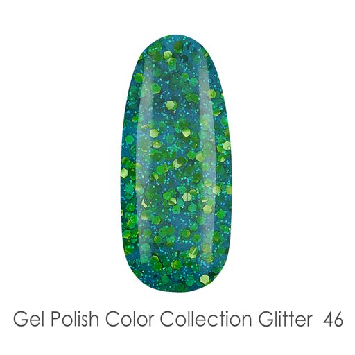 Уценка! Гель-лак для ногтей Be.Se Professional Gel Polish Collection Glitter 46 Полупрозрачный зеленый, с золотыми шестигранниками, 10 г
