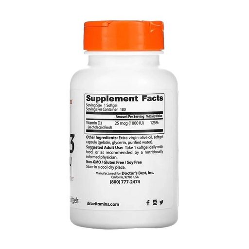 Витамин Д3 Doctor's Best Vitamin D3, 1000 МЕ, 180 гелевых капсул