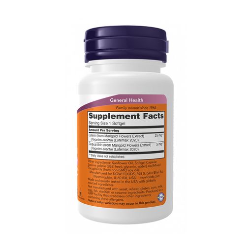 Лютеин и зеаксантин NOW Foods Lutein 25 мг и Zeaxanthin 5 мг, 60 гелевых капсул
