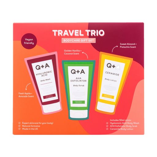 Уценка! Подарочный набор для тела Q+A Travel Trio (гель для душа Hyaluronic Acid, 50 мл + скраб AHA Exfoliator, 50 мл + лосьон Ceramide, 50 мл)