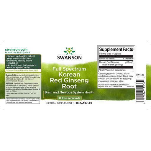 Корень красного корейского женьшеня Swanson Korean Red Ginseng Root 400 мг, 90 капсул
