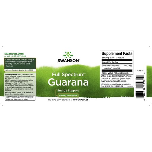 Гуарана Swanson Full Spectrum Guarana 500 мг, 100 капсул