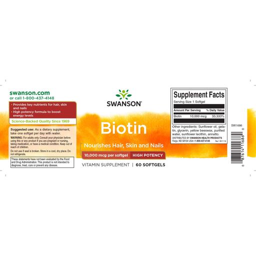 Биотин Swanson Biotin 10000 мкг, 60 гелевых капсул