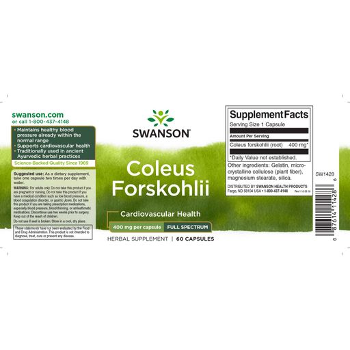 Форсколін Swanson Full Spectrum Coleus Forskohlii 400 мг, 60 капсул