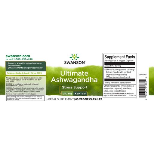 Ашваганда Swanson Ultimate Ashwagandha KSM-66, 250 мг, 60 вегетеріанських капсул