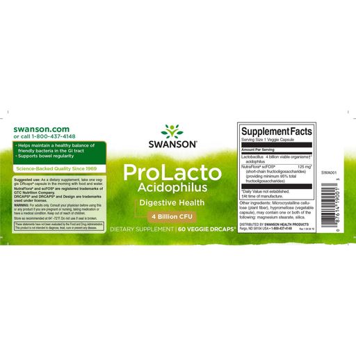 Пробіотики Swanson Prolacto Acidophilus 4billion, 60 веганських капсул