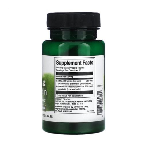 Органическая спирулина и астаксантин Swanson Organic Spirulina & Astaxanthin, 120 вегетарианских таблеток