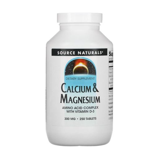 Кальций и магний Source Naturals Calcium & Magnesium с аминокислотным хелатом и витамином D3, 300 мг, 250 таблеток