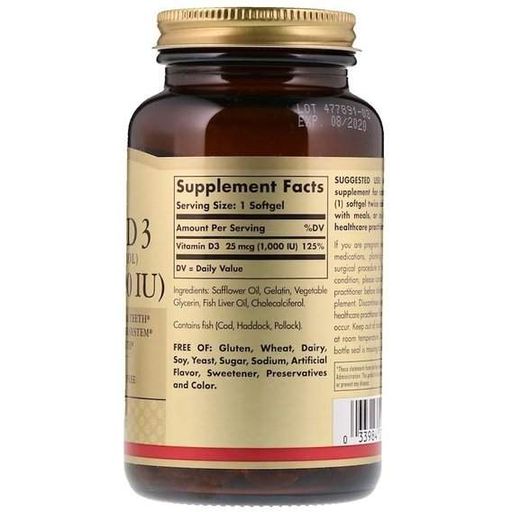 Витамин D Solgar Vitamin D3 (Cholecalciferol) 1000 IU 90 Tabs (855099)