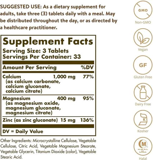 Мультиминеральный комплекс Solgar Calcium Magnesium plus Zinc 100 Tabs (855203)
